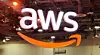 The AWS logo hangs over the Re:invent Expo