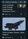 Google News showing a Telegraph headline with the text 'China invades Taiwan: Japan steps in'