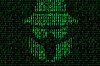 Spy wearing plague mask depicted as a negative image in binary code