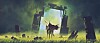 A knight on a horse standing in front of a Stargate-like portal