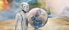 Illustration of an AI robot looking at planet Earth