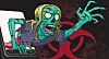 Cartoon of  green skeletal figure reaching out of phone