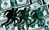 A bunch of shadow people leg it across a backdrop of dollar bills (conceptual illustration)