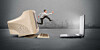 Illustration of someone jumping from an old desktop computer to a laptop
