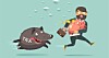Hound of tax pursues man running with piggy bank...hound of tax pursues fleeing piggybank-clutching business suit guy