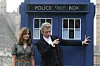 peter capaldi as the Doctor and jenna coleman as the assistant in front of the Tardis - from bbc kids fantasy series Doctor Who