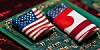 Semi-melted US and Japan flags on semiconductors