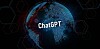 Illustration of the word ChatGPT over a futuristic looking world map
