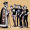 'King Charles in crown and regalia at a tech conference speaking to angry tech bros'