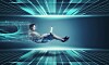 Illustration of someone on a laptop in a computer universe being pushed along by digital signals