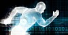 Illustration of a man running alongside binary numbers
