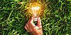 Someone holding an illuminated light bulb against green grass