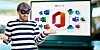 Cartoonish composition of a crook shrugging in front of the Microsoft Office icons