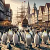 penguins enter the port of kiel in germany. kiel is the biggest city in Schleswig-Holstein