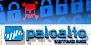 Palo Alto Networks building with illustration of locks and red skull and cross bones over it