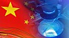 Illustration with the Chinese flag next to some chip making equipment