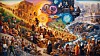 A montage of human history from early beginnings to the industrial modern age with AI and science