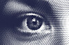 Illustration of someone's face, close up on their eye, in a newsprint dot fashion