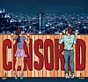 An illustration of two young people looking over a fence at the internet, with the word 'censored' on the fence