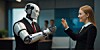 Woman in business suit happily high-fiving a robot