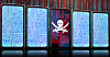Illustration of a line-up of phones, one of which has malware on it