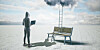 Illustration of someone in a hoodie looking at a bench with a cloud over it