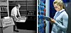 Composition image of someone working on a PDP-15 in the 1970s and someone today in a modern datacenter