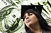 Composite image of a college graduate wearing a mortarboard in front of a $100 bill