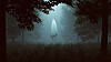Ghostly figure hovering in a wooded glen