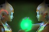 cassandra and her twin android - looking into a glowing glass orb
