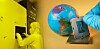Composite of Canon's Nanoimprint lithography semiconductor manufacturing system and someone placing chips next to a globe