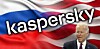 Illustration of the Kaspersky logo over a Russian and USA flag with Biden in the corner looking angry