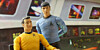 Scene from Star Trek the Original Series - Captain James T Kirk and First Officer Mr. Spock aboard the bridge of the USS Enterprise -