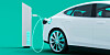 Illustration of a generic white electric car charging at a connected power charger