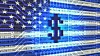 Abstract illustration of a dollar sign over a chip schematic, binary nnumbers, and the USA flag