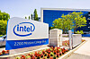 Outside an Intel building with its logo