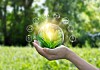 Someone holding a plant in a glass ball as an illustration of green technology