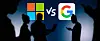 Illustration of logos of Microsoft v Google