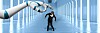 Illustration of a robot hand trying to flick away a White man in a business suit