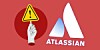 A hand holding a warning sign next to the Atlassian logo