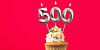Illustration of a celebration cake with 500 on it on candles