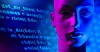 Futuristic face laid over program source code