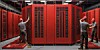 Workers building a red datacenter
