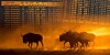 Illustration of some Gnu / wildebeest against orage VT100 terminals logged into Unix like systems