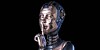 AI illustrative concept. Metal face hushes onlooker