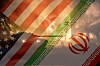 US and Iran flags over battle scene with tank