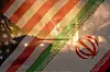 US and Iran flags over battle scene with tank