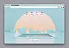 A desktop browser window with a pastel background, circular graphic, and a row of tabs and icons at the top.