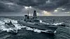 Computer-generated image of two Navantia LASV75 uncrewed surface vessels accompanying a Royal Navy Type 45 destroyer at sea.
