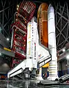 Space shuttle on display inside a hangar next to a booster and launch support structure.